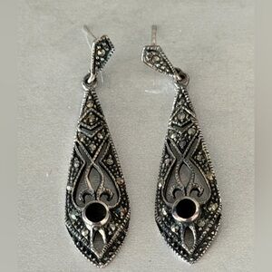 Vintage Style Marcasite and Black Onyx Fleur-de-lis Earrings in Sterling Silver